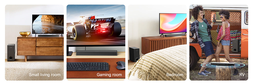 Zvukový panel ULTIMEA Nova S40 s drátovým subwooferom, 2.1 kanálový, s diaľkovým ovládaním, režimy Film/Hudba/Hra, ARC/Optický/AUX/USB/Bluetooth 5.3 pripojenie, pre TV, PC a hry.