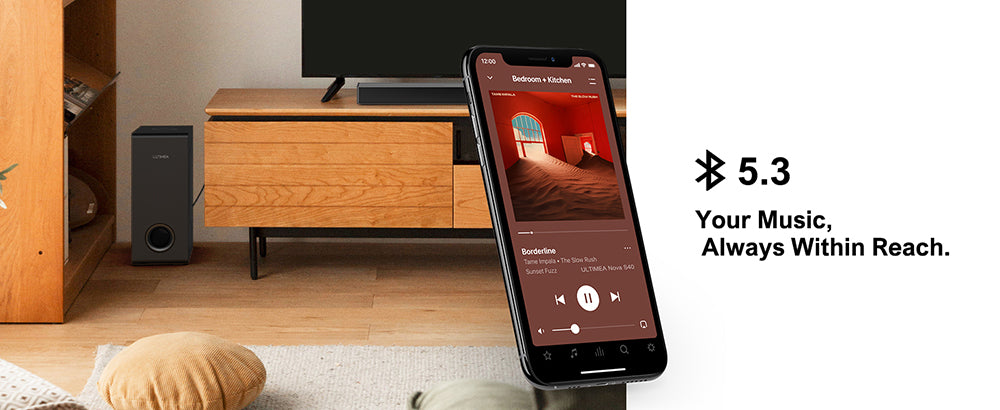 Zvuková lišta ULTIMEA Nova S40 s drátovým subwooferom, 2.1 kanálový systém, diaľkové ovládanie, režimy Film/Hudba/Hra, ARC/Optický/AUX/USB/Bluetooth 5.3 pripojenie, pre TV, PC a hry.