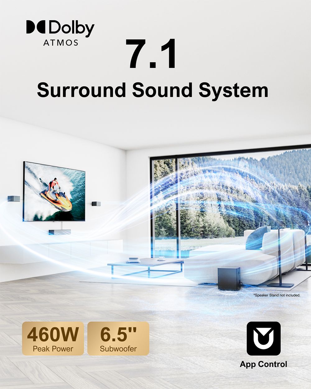 ULTIMEA Poseidon D80 7.1 kanálový soundbar s subwooferom, Dolby Atmos, špičkový výkon 460 W, ovládanie cez aplikáciu, 10-pásmový ekvalizér, 121 predvolieb ekvalizácie, Bluetooth 5.3