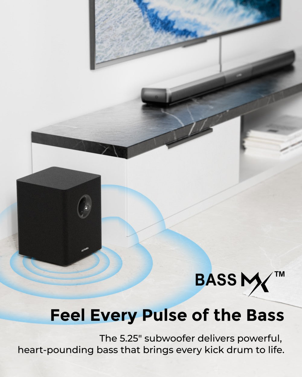 Zvuková lišta ULTIMEA Apollo S80 5.1, ovládanie cez inteligentnú aplikáciu, dynamické svetelné efekty, nastavenie RGB osvetlenia a jasu, 121 predvolených ekvalizačných matíc, odnímateľný dizajn.