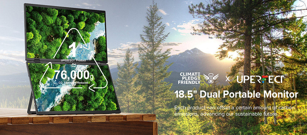 UPERFECT Delta Max 18,5-palcový dvojitý prenosný monitor, 1920*1080 IPS displej, obnovovacia frekvencia 100 Hz, 100 % sRGB, vstavaný reproduktor, bez ovládačov, 360° skladací, nastaviteľný stojan a možnosť upevnenia na VESA, rozšírenie obrazovky pre notebook, PC, telefón, hernú konzolu - EU zástrčka