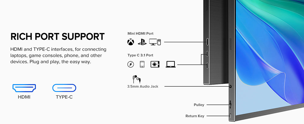 Prenosný herný monitor UPERFECT K118 18'', obnovovacia frekvencia 144 Hz, 2560x1600 QHD IPS displej, kontrastný pomer 1000:1, FreeSync, HDR, 100% DCI-P3, vstavaný reproduktor, doba odezvy 9 ms, nízke modré svetlo, VESA úchyt, 1x Mini HDMI, 1x Type-C, 1x audio jack - EU zástrčka