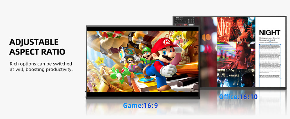 Prenosný herný monitor UPERFECT K118 18'', obnovovacia frekvencia 144 Hz, 2560x1600 QHD IPS displej, kontrastný pomer 1000:1, FreeSync, HDR, 100% DCI-P3, vstavaný reproduktor, doba odezvy 9 ms, nízke modré svetlo, VESA úchyt, 1x Mini HDMI, 1x Type-C, 1x audio jack - EU zástrčka