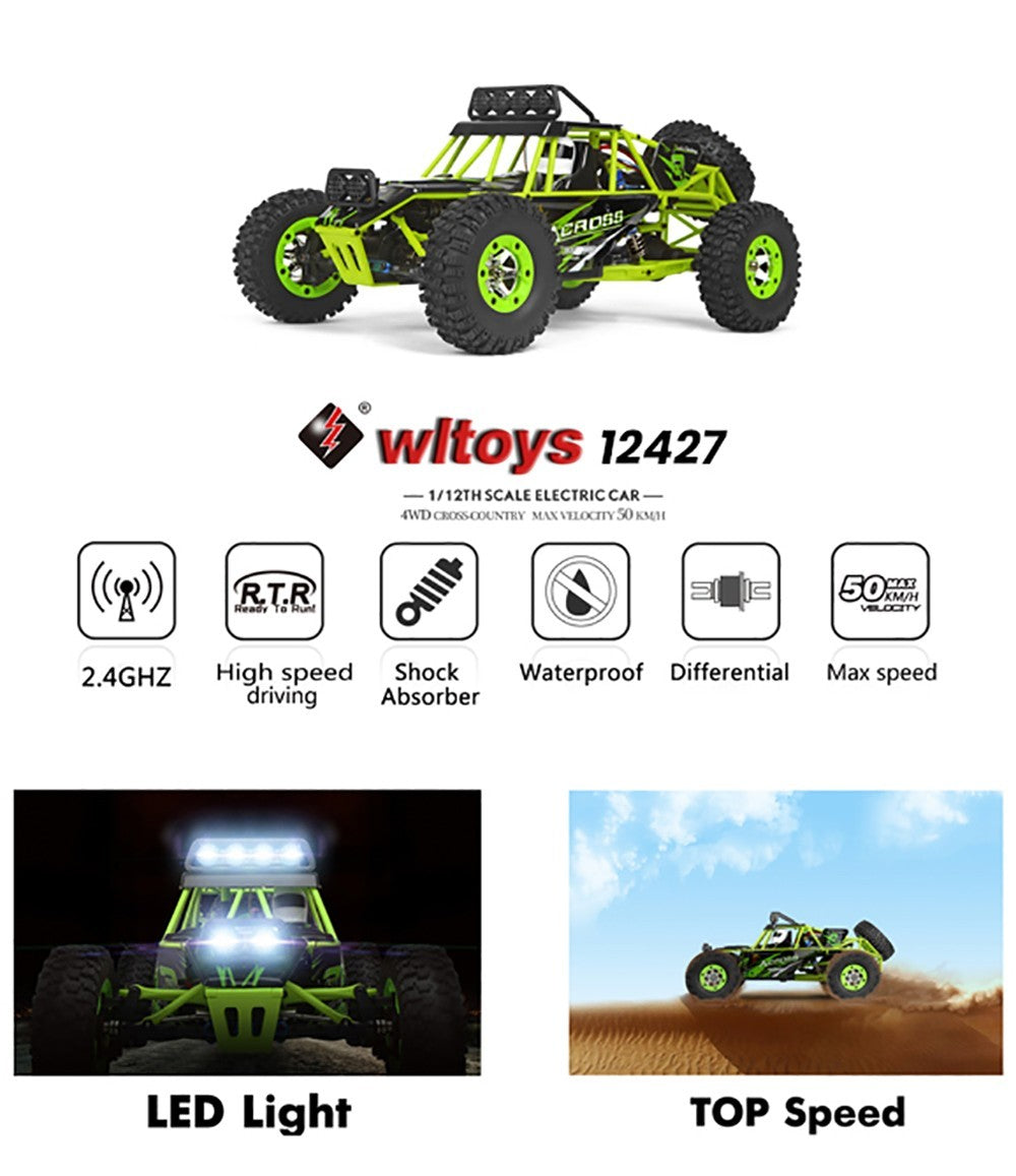 Wltoys 12427 1/12 RC auto v plnom rozsahu, terénní, s 540 kartáčovým motorem, maximální rychlost 50 km/h - 2 baterie